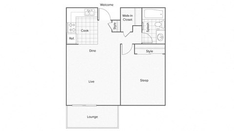 Floor plan for 1 bed, 1 bath, 700 sqft